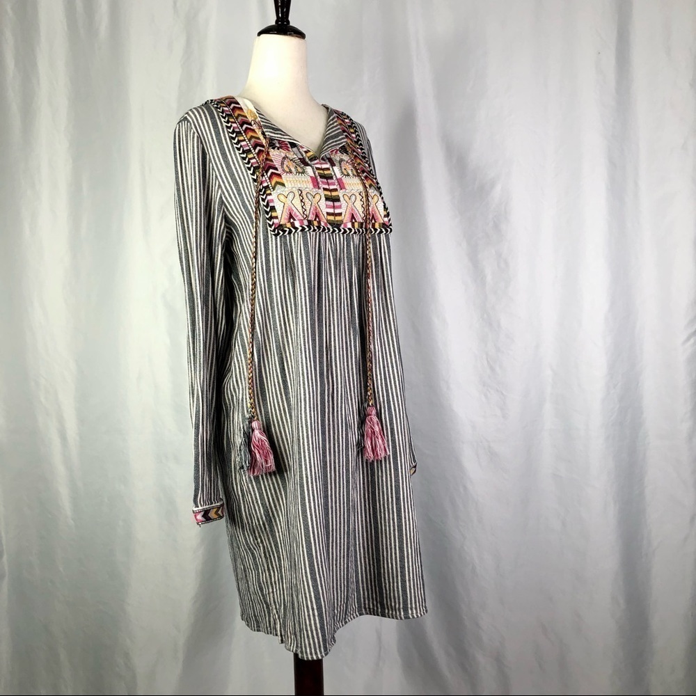 Philosophy boho popover dress long sleeve striped embroidered bodice M